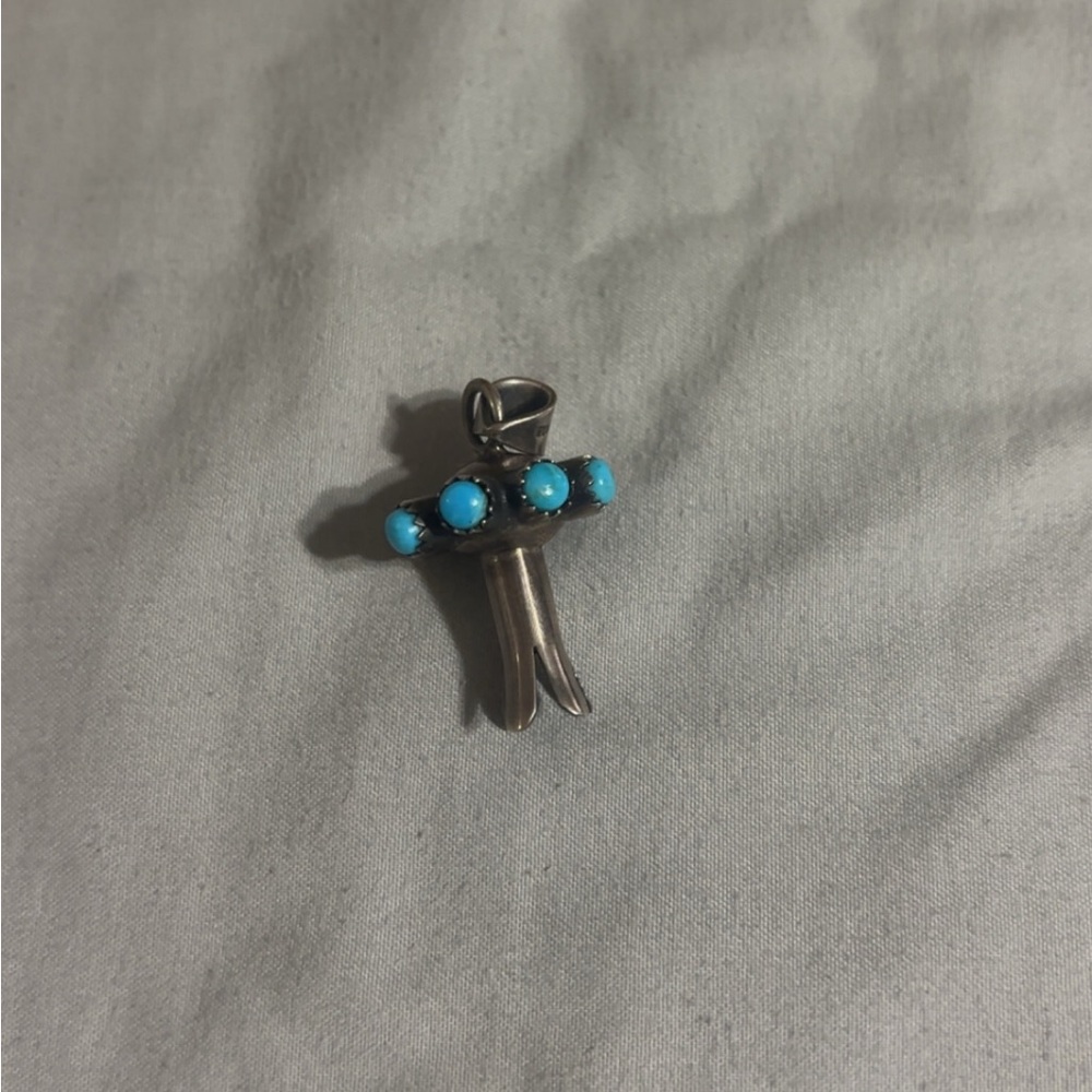 Stamped Turquoise Stone Sterling Silver Squash Blossom Pendant